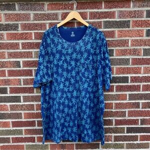 HB Navy Blue and Teal Green Palm Tree Patterned Long Line Short Sleeve Tee